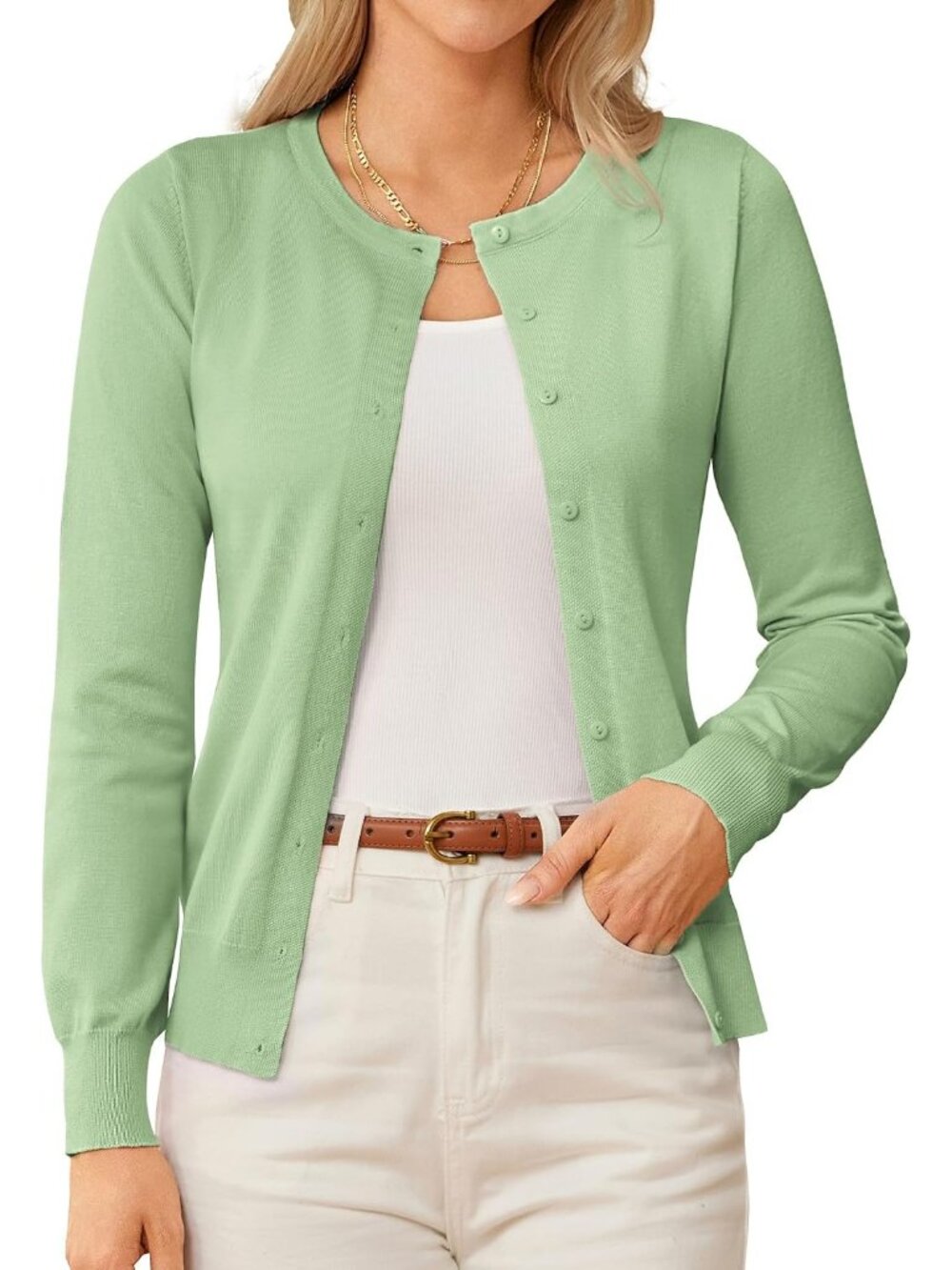 🆕Women's Light Green Crew-neck Knit Cardigan Sweater Lightweight Button Up